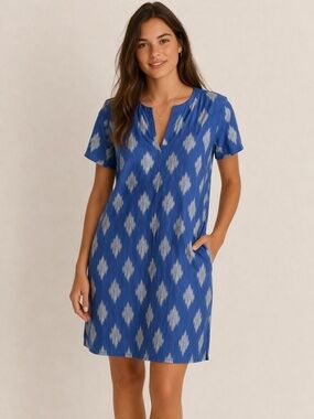 Theory NWOT Blue White Abstract Shift Dress V-Neck Short Sleeve Cotton Silk S